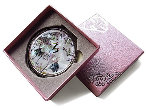MADDesign Mother of Pearl Compact Mirror with Cranes & Apricot Tree Design - Travel Makeup Mirror, 2.5x Magnification