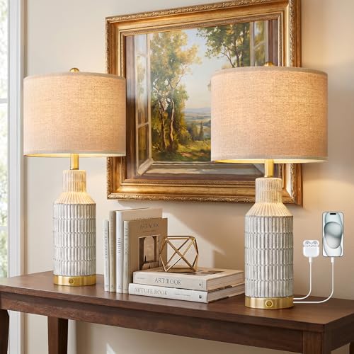 White 25-inch Modern 3-Way Dimmable Touch Table Lamps Set of 2 with USB Ports