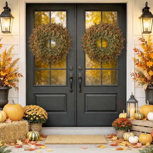 Waipfaru 2-Pack 26-Inch Fall Boxwood Wreaths for Front Door, Orange-Green