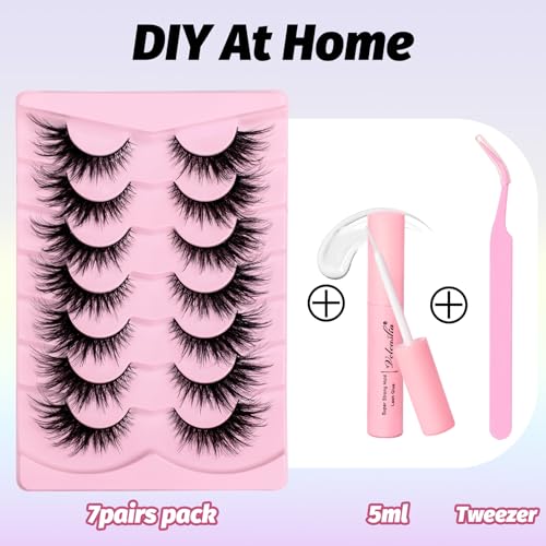 Veleasha Lashes Kit with Glue & Tweezer Cat Eye Lashes that Look Like Extensions Fluffy Faux Mink Lashes Wispy Lashes Natural Look 7 Pairs Fake Eyelashes Pack (Cat Eye)
