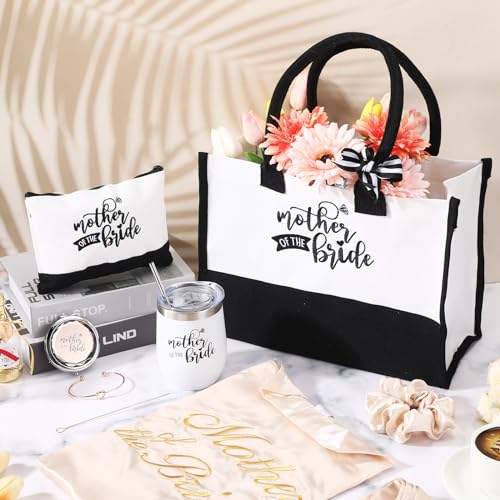Suhine 14 Pcs Mother of The Bride and Groom Gifts Set Wedding Satin Robe Canvas Tote Bag with Makeup Bag 12 oz Tumbler Cup Small Makeup Mirror Scrunchies Knot Bracelet Wedding Gift for Mom(Champagne)
