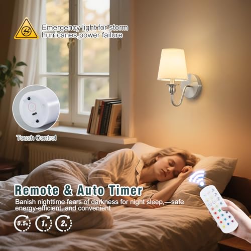 Nuanshued Nickel Battery-Operated Wall Sconces (2 Pack) with 1000mAh Dimmable LED Bulbs, Remote, 15 Colors