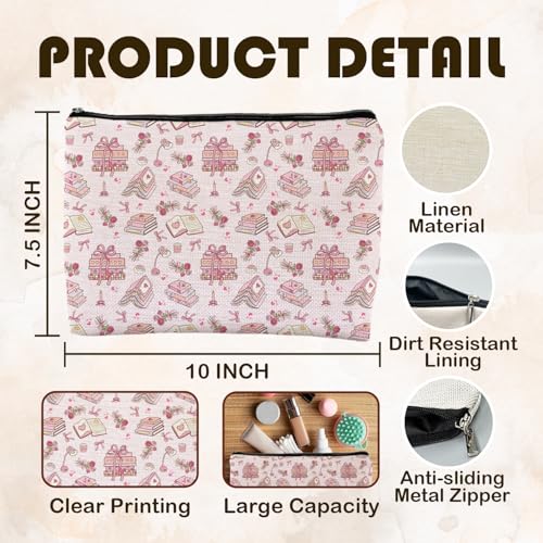 Pink Bookish Makeup Bag, Reading Lover Reader Gifts for Women, Preppy Pink Bow Rose Floral Bookish Cosmetic Bags for Women, Bookworm Gifts Zipper Makeup Pouch Travel Toiletry Bag