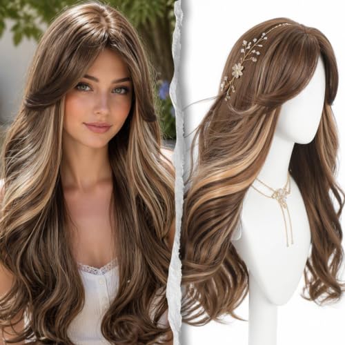 SHINEDIARY 26” Wavy Wigs with Bangs Latte Brown Balayage High Crown Voluminous Style