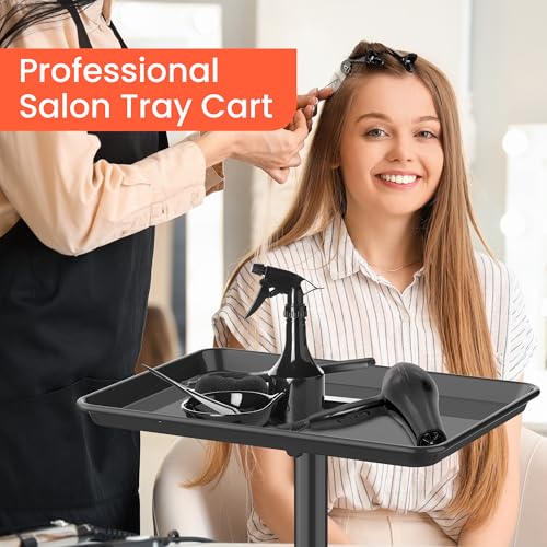 TASALON Rolling Salon Cart, Mobile Styling Station with Wheels Aluminum Rolling Tray Trolley for Salon Essentials, Adjustable Height or Hairstylist Tray with 10 PCS Disposable Salon Tray Cover
