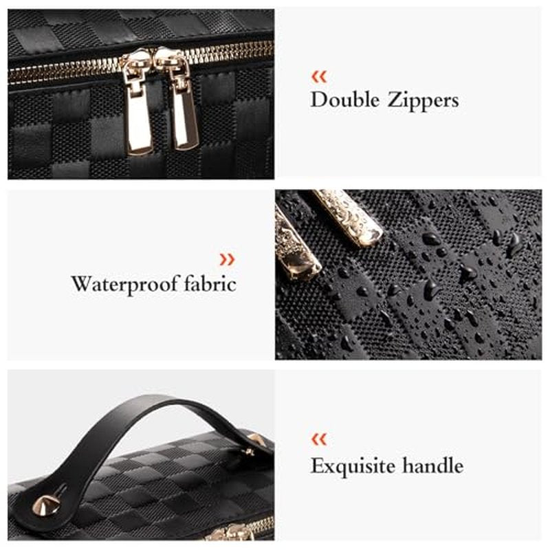 Abiudeng Travel Makeup Bag,Large Capacity Toiletry Bag Cosmetic Bags for Travel Essentials,Waterproof Portable Pouch Open Flat Makeup bag Organizer with Divider and Handle(Checkered-Black)