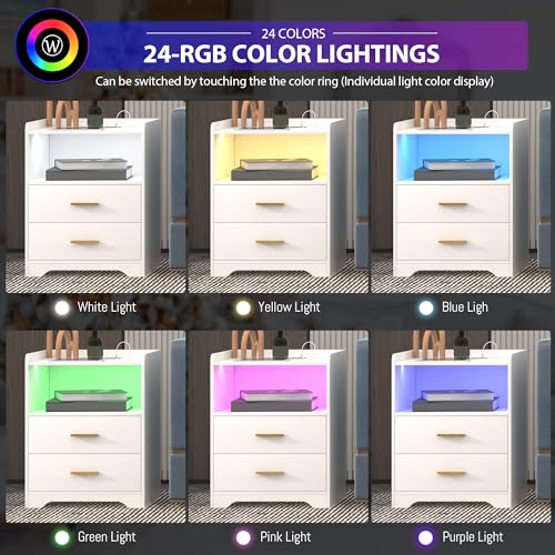RGB Nightstand with Wireless Charging Station - White, 3 Layers