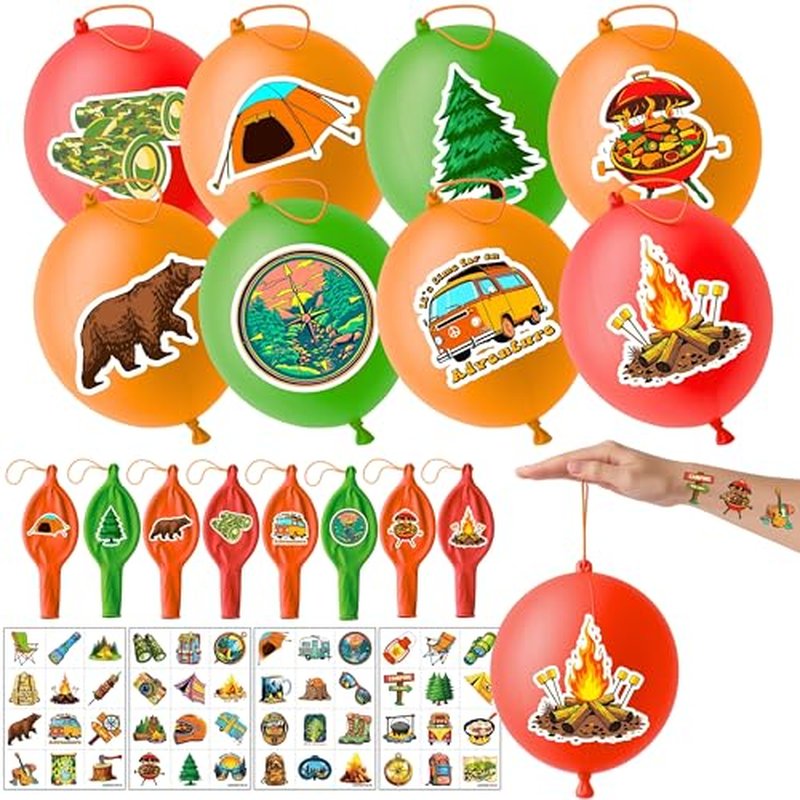 72 PCS Camping Party Favors for Kids ? 48 Pre-Cut Temporary Tattoos & 24 Camping Punch Balloons Themed Birthday Party Decorations Supplies Favors Gifts, Goodie Bag Fillers, Classroom Rewards