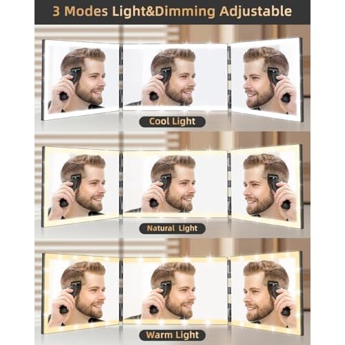 XIGETRAIL Rechargeable 3 Way Mirror for Self Hair Cutting with 8 Light Strips & Telescoping Hooks for Makeup,Shaving,Braiding&Styling-Trifold Barber Mirror