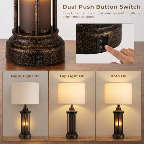 Seealle 24-inch Farmhouse & Industrial Table Lamp with Oat Shade & Bronze Base - Dual LED Night & Task Light, Black