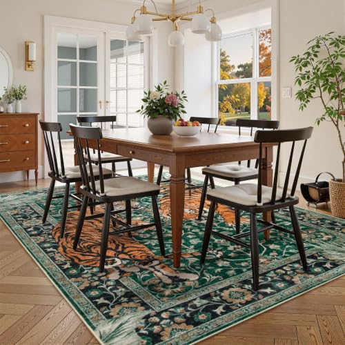 6' x 9' Green Tiger Area Rug - Boho Vintage Non-Slip Washable Floor Carpet