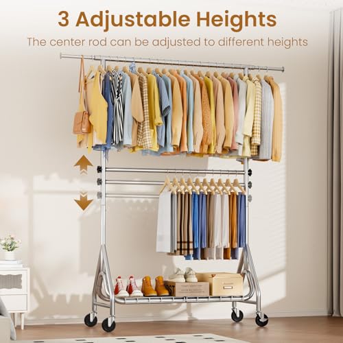 Heavy Duty Clothes Rack with Double Rods & Lockable Wheels - Silver, 560lbs Capacity