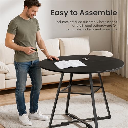DUMOS 42-Inch Round Kitchen Dining Table with Storage - Black, Modern Design
