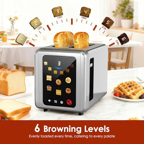 WHALL Silver Full Touch Screen 2-Slice Toaster with Wide Slots & Smart Features
