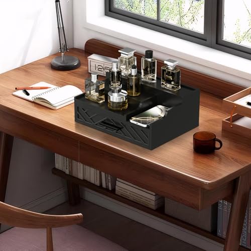 Cologne Organizer for Men, 3 Tier Perfume Stand With Drawer Hidden Compartment and Lining, Wood Display Holder for Watch Jewelry, Black, Great Gifts for Christmas