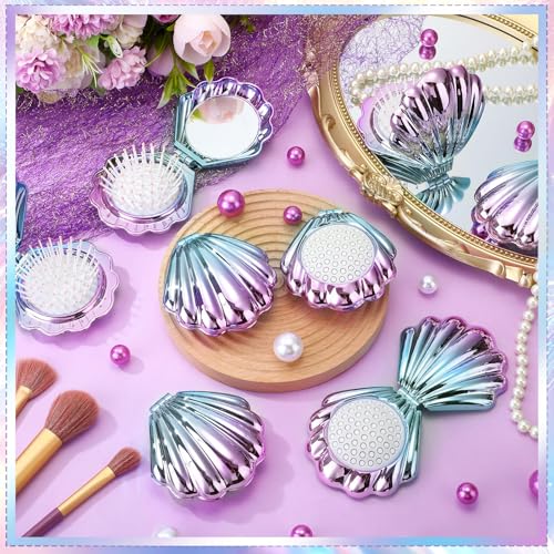 12 Pcs Mermaid Shell Hair Brush with Mirror - Gradient Color, Travel Foldable