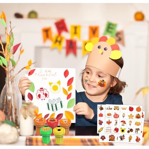 96PCS Thanksgiving Party Favors - 72PCS Pre-Cut Temporary Tattoos & 24PCS Stamps - Ideal Fall Harvest Pumpkin Autumn Themed Birthday Card Decorations Supplies Goodie Bag Baby Shower Kids Gifts Rewards