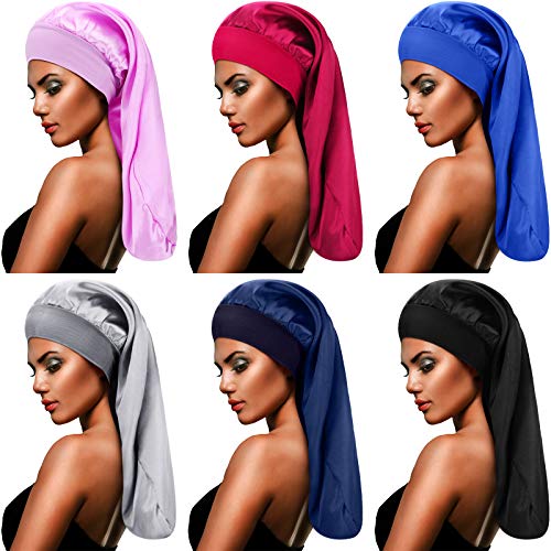 SATINIOR 6 Pcs Long Hair Satin Bonnet for Sleeping Extra Large Sleep Braid Bonnet Elastic Band Silk Night Sleep Hat for Women Long Curly Hair Braids Multi