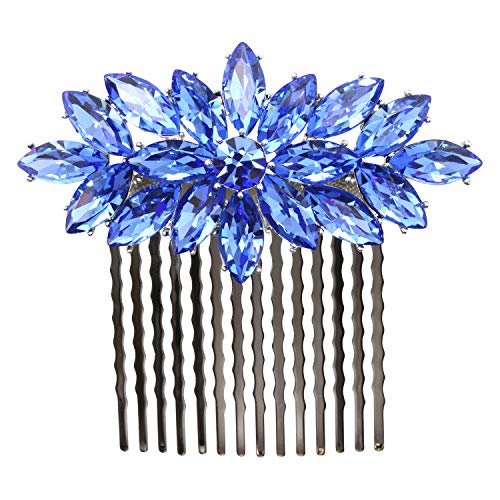 Blue Rhinestone Crystal Floral Hair Comb - Bridal & Special Occasion Accessory