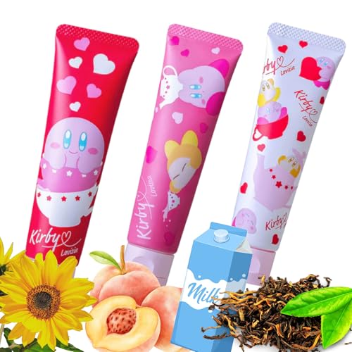 Kirby 3EA Cute Hand Cream for Women, Small Hand Cream Travel Size for Dry Cracked Hands with Sunflower, Rose& Camellia, Mini Hand Lotion for Dry Skin from Japan| Black Tea, Peach Tea, Milk Tea