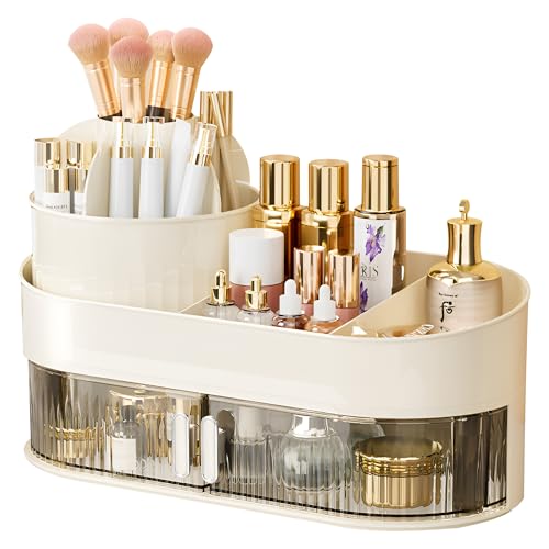 Rotating Makeup Brush Holder organizer with Drawer White Makeup Organizers Countertop Large Makeup Organization Skincare Storage for Vanity Desktop Bathroom