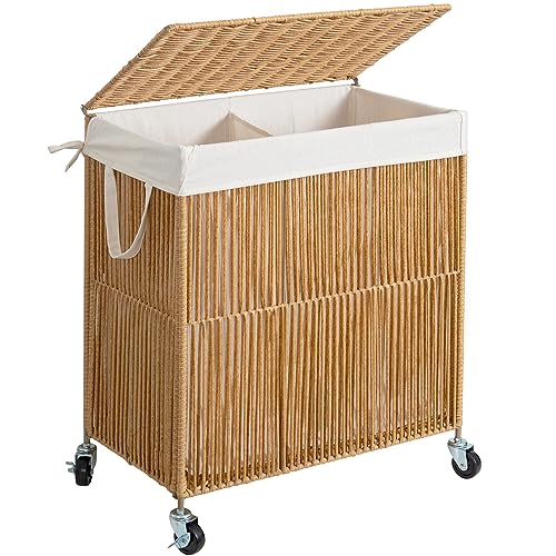 115L Rolling Laundry Basket with Wheels and Lid - Handwoven Double Compartment Hamper