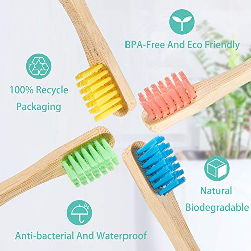 Kids Bamboo Toothbrush Set - 10 Pack of Organic Wooden Toothbrushes with Soft Bristles & Colorful Handles
