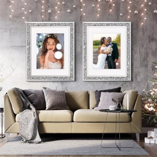 ALLARTONLY 16x20 Inch Crushed Diamond Photo Frame Set - Silver Wall Picture Frames with Mat for 11x14 Photos, 2 Pack