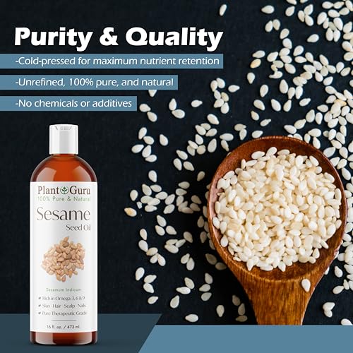 Plant Guru Sesame Seed Oil 16 fl. oz. ? Cold Pressed, 100% Pure & Natural Carrier for Skin, Face, Body, Hair, and Cooking. Great for DIY Creams, Lotions, and Lip Balms.