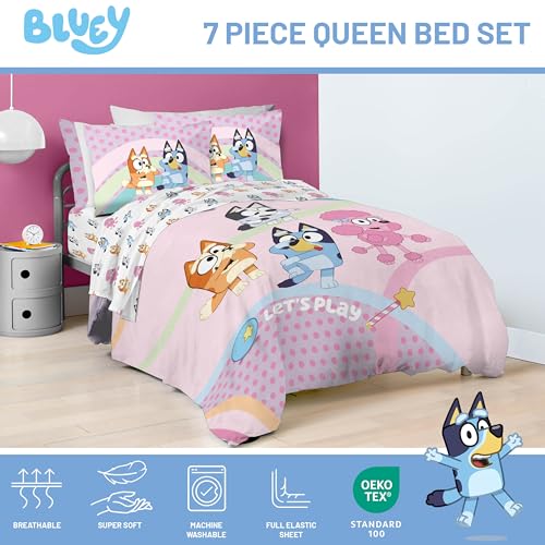 Bluey Bingo Queen Kids Comforter Set 7 Piece Bedding for Girls, Pink - Queen Size