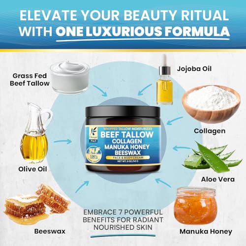 Organic Beef Tallow Balm for Skin 5 oz - Moisturizer, Collagen, Grass-Fed