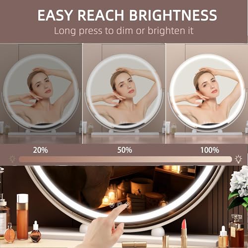 Hasipu 23.6-Inch LED Lighted Makeup Mirror with Touch Control, 3 Colors Dimmable, Round 360° Rotation, White Frame