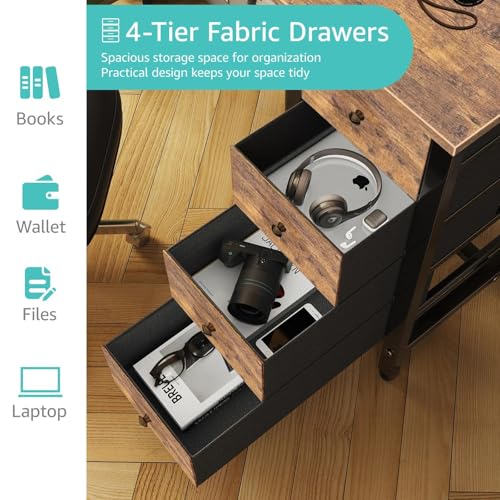 Lufeiya 39.4-Inch Rustic Brown Small Computer Desk with 4 Fabric Drawers, Reversible Kids & Home Office Workspace