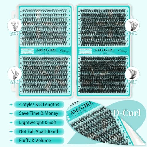 Lash Clusters Kit 640Pcs, 30D+40D+60D+80D Eyelash Extension Kit, Lash Bond and Seal Waterproof, Lash Remover, Lash Applicator Tool and Function Brush for DIY Lash Extension Kit(D-Mix9-16mm Kit)