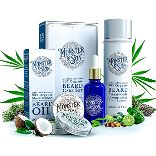 Organic Beard Care Kit with Shampoo, Oil & Balms for Growth and Grooming