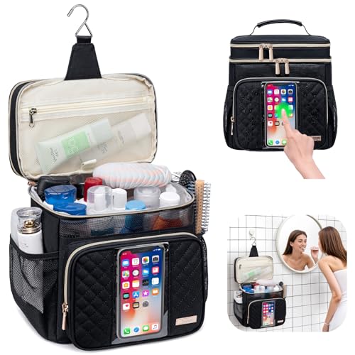 Tealari Large Water-Resistant Toiletry Bag for Women Men - Black, Hanging Travel Organizer with Transparent Phone Pocket