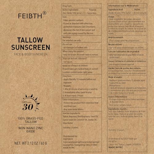 Tallow Sunscreen, Beef Tallow Sunscreen with Zinc Oxide, Non-Greasy Formula for Face and Body, Travel Size 2 oz