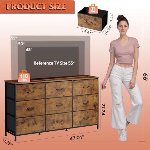 Rustic Brown 55 Inch TV Dresser with 9 Detachable Fabric Drawers and Wood Top - Ample Storage