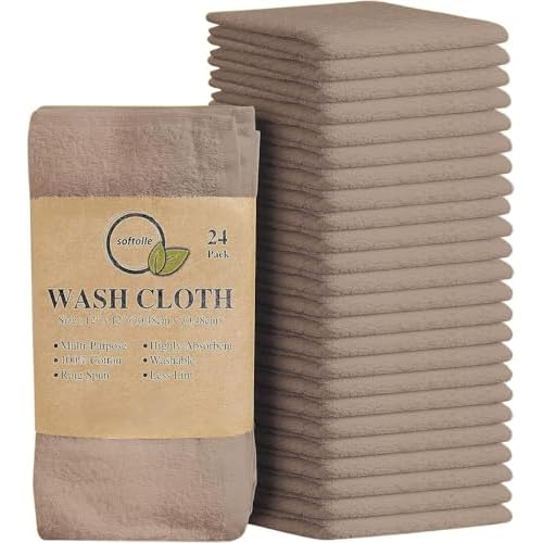 Softolle 100% Cotton Washcloths 24 Pack (12x12 Inches) Soft, Highly Absorbent Washcloth, Face Towels, Wash Cloths for Face, Ring Spun, Bulk Pack (Taupe)