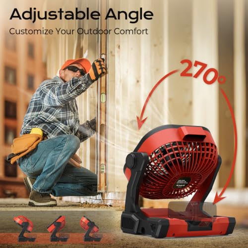 Fallinep Red Milwaukee M18 Battery Operated Fan with USB-C/USB-A, 4 Speeds, 270° Pivot, Hook & LED Light (Cordless Camping Fan) - No Battery