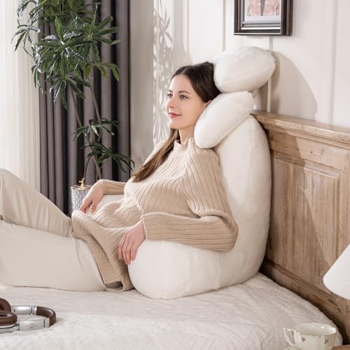 NOONTIDE Furry White XL Reading Pillow 32" with 2 Neck Support Pillows, Washable Cover