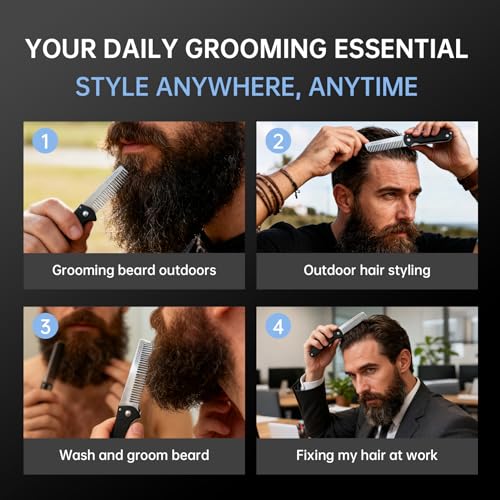 Folding Pocket Comb for Men - Stainless Steel Travel Hair & Beard Styling Tool, Compact 180¡Æ Rotating Design, Smooth Rounded Teeth, Portable Grooming Comb