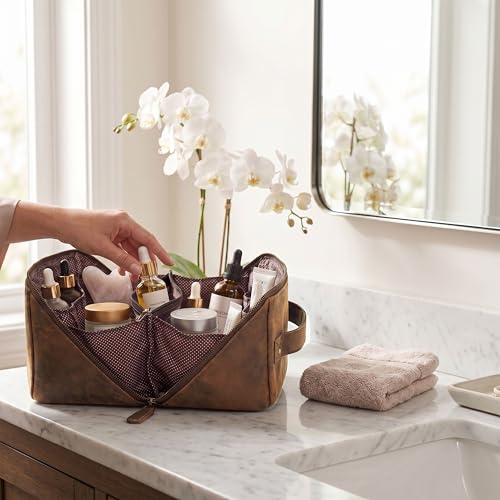 Distressed Brown Full Grain Leather Travel Cosmetic Bag for Women & Men
