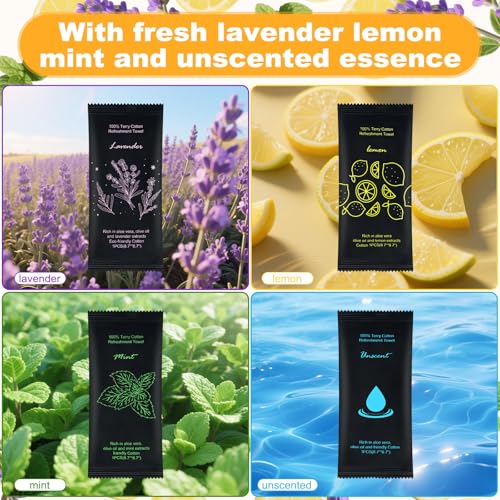 Moist Cotton Towel Bulk Moist Towelettes Individually Wrapped 8.7" x 8.7",White Towel Services,Refreshment Pre Moistened Towels Lavender,Lemon,Mint and Unscented for Sport Party Spa (pack of 100)