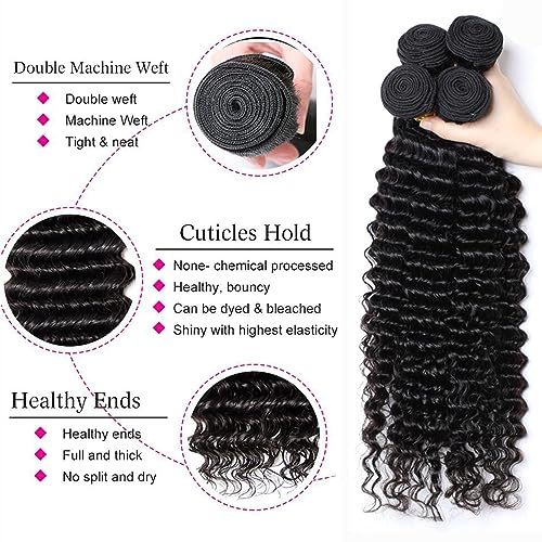 Deep Wave Hair Bundles with Lace Closure - 16 16 18 18 + 14 Inch Human Hair Set - Natural Brazilian Virgin Wave