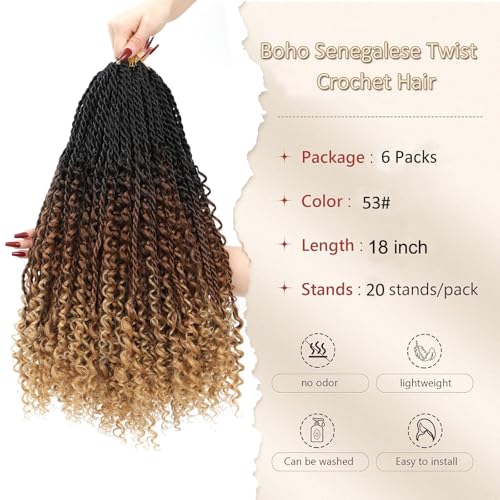 18 Inch Goddess Twist Crochet Hair with Curly Ends - 6 Packs, Black/Brown Light Brown
