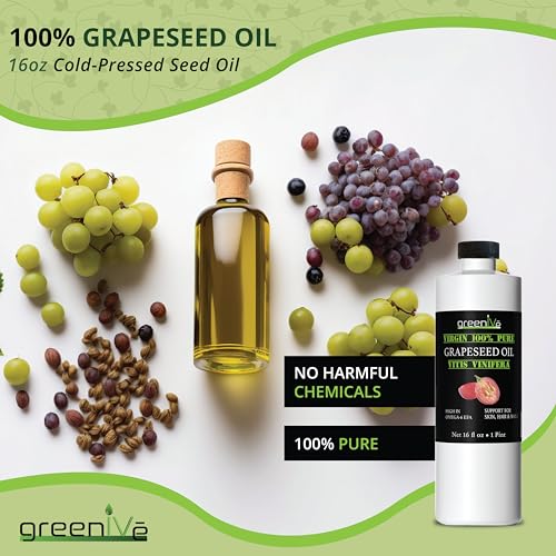 GreenIVe Grapeseed Oil Organically Grown 100% Pure Cold Pressed Light Flavor High Tempurature Cooking (16 Fl Oz)