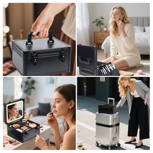 Travel Makeup Case with Lighted LED Mirror ? Waterproof Cosmetic Organizer with Adjustable Dividers, Portable Makeup Train Case for Women, Black