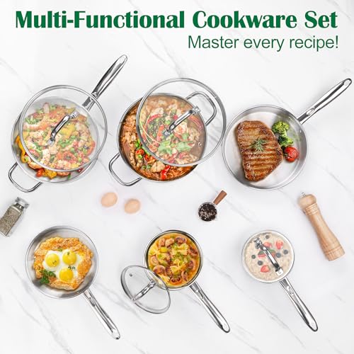 E-far 10-Piece Stainless Steel Cookware Set with Glass Lids, Induction Ready