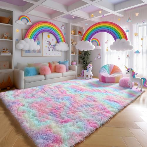 PAGISOFE 6x9 Rainbow Fluffy Area Rug for Bedroom Kids & Girls, Plush Shaggy Carpet